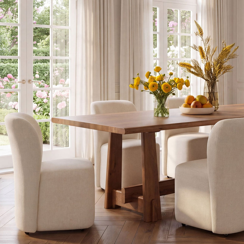 Linden Mango Wood and Steel Dining Table, lifestyle view