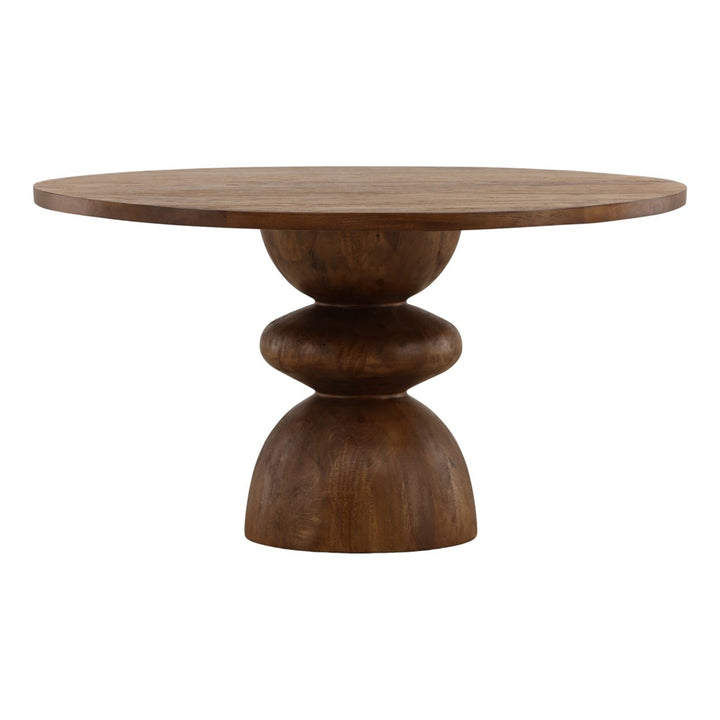 Bram Mango Wood Round Dining Table, three-quarter studio view