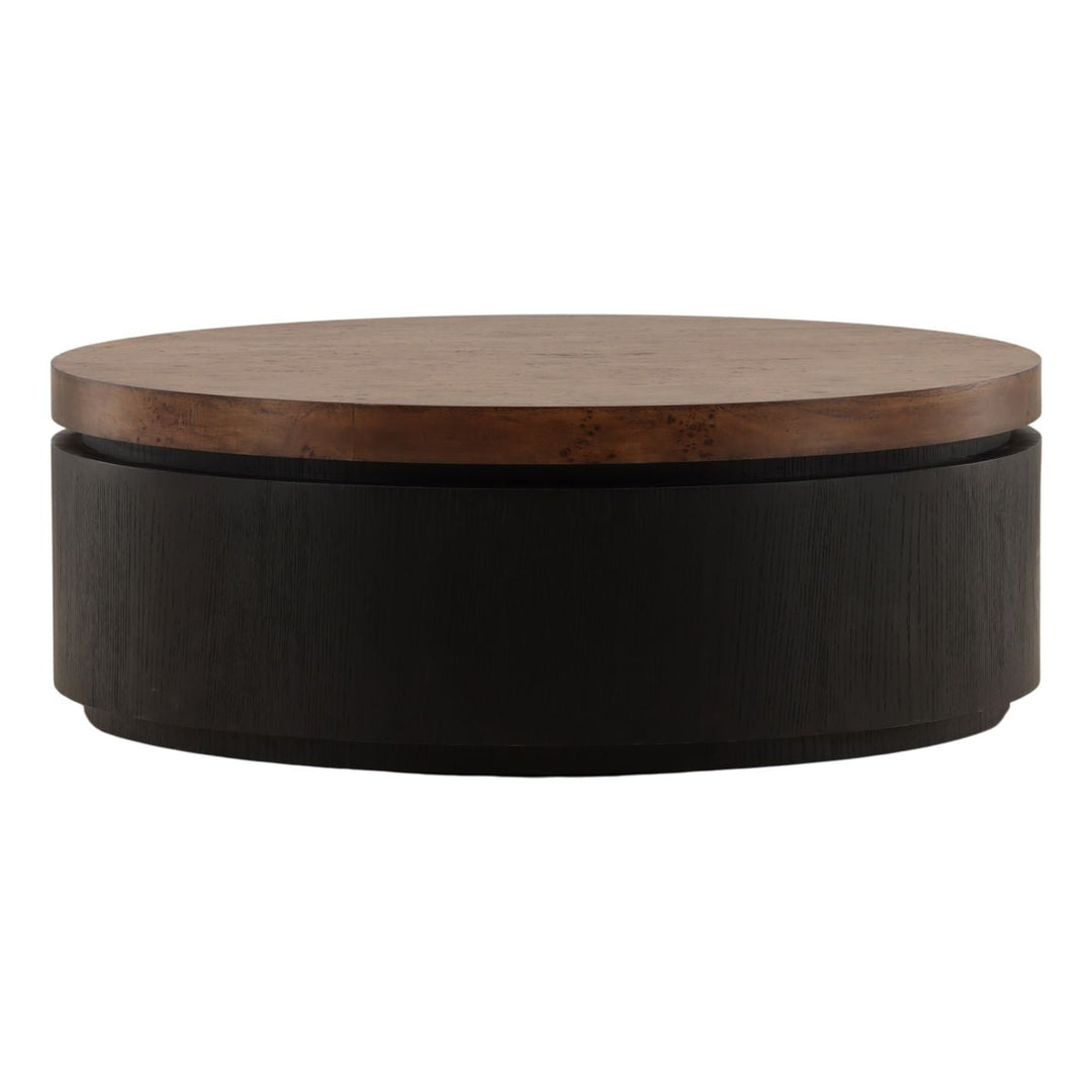 Luca Burl Veneer Coffee Table, three-quarter studio view
