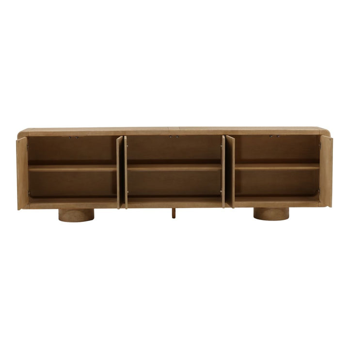 Camilla Oak Veneer Sideboard, Light Warm Wash, open door view