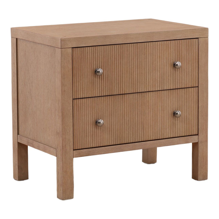 Toren Oak Veneer Nightstand, Light Warm Wash, three-quarter studio view