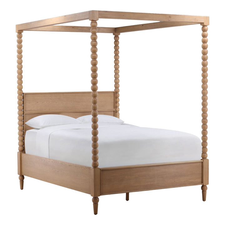 Marcella Oak Veneer Bed, Queen · Natural, three-quarter studio view