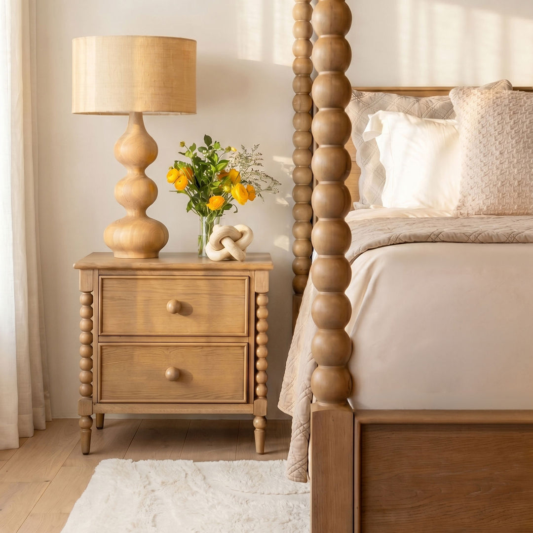 Marcella Oak Veneer Bed, Queen · Natural, lifestyle view