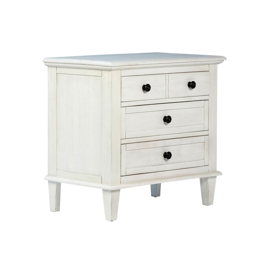Luca Three-Drawer Acacia Nightstand, back three quarter view