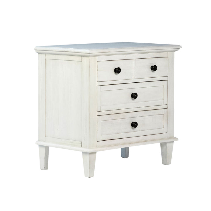 Luca Three-Drawer Acacia Nightstand, back three quarter view