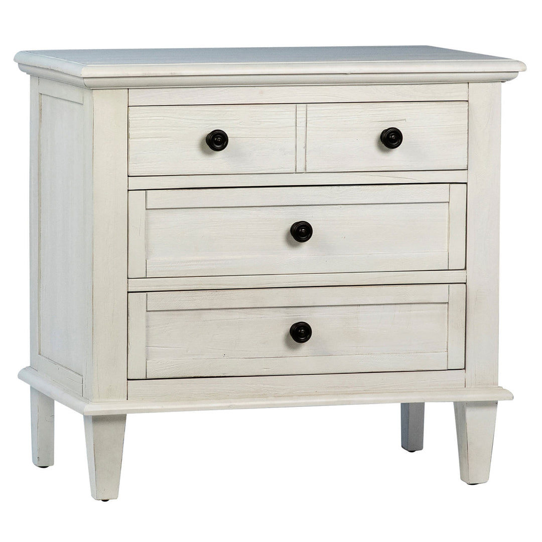 Luca Three-Drawer Acacia Nightstand, three-quarter studio view