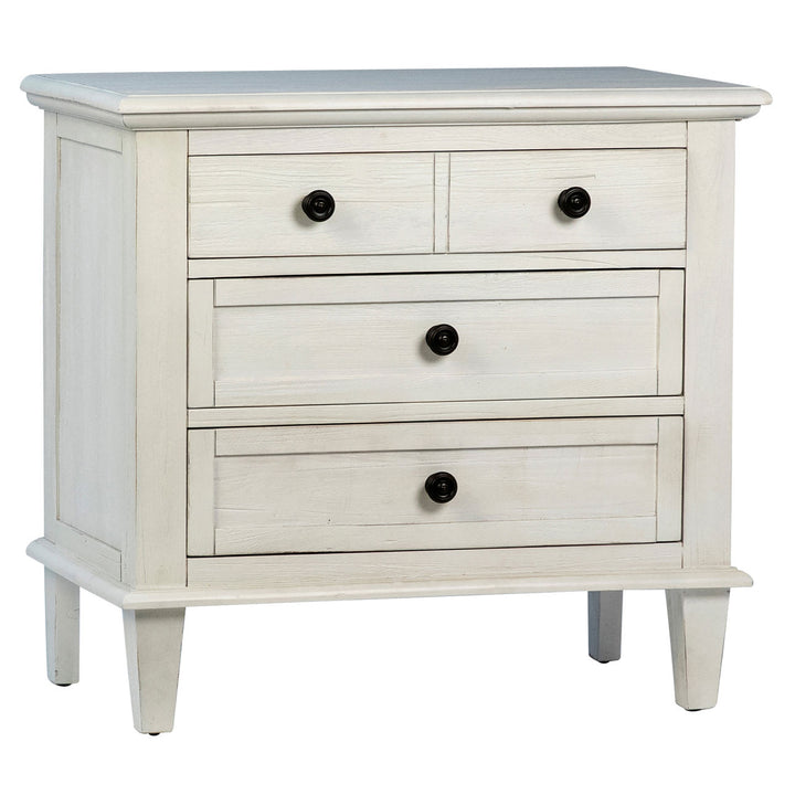 Luca Three-Drawer Acacia Nightstand, three-quarter studio view