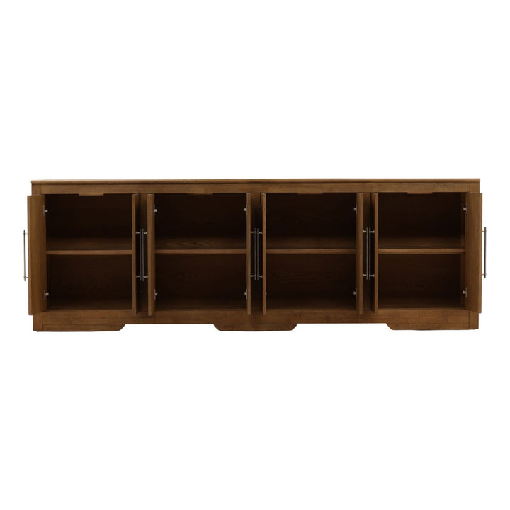 Delaney Oak Veneer Sideboard, Dark Brown · Eight Door, open door view