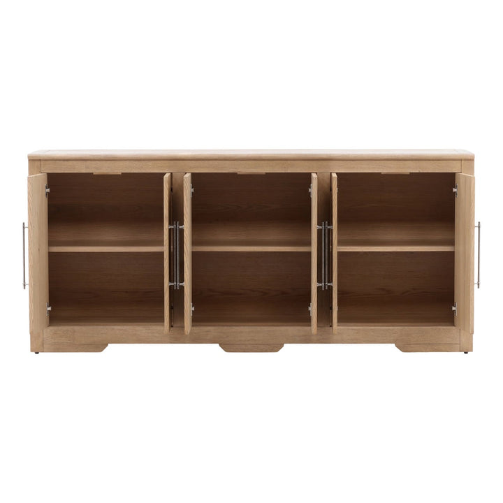 Delaney Oak Veneer Sideboard, Natural · Six Door, open door view