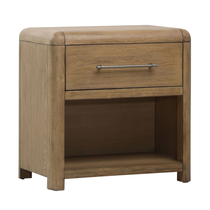 Tessa Natural Oak Veneer Nightstand, three-quarter studio view