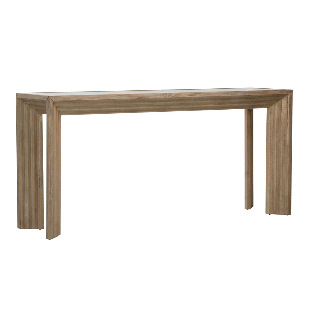 Mavis Glass Top Pine Console Table, three-quarter studio view