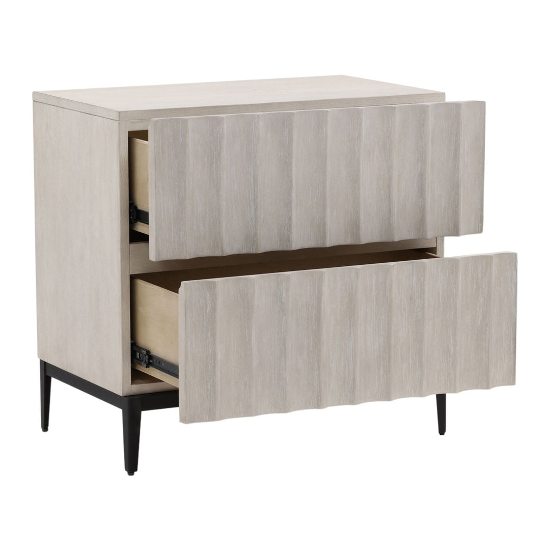 Sylvie Two-Drawer Oak Nightstand, open door view