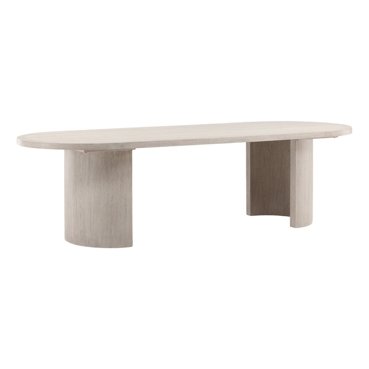 Sora Light Grey Oak Veneer Dining Table, three-quarter studio view