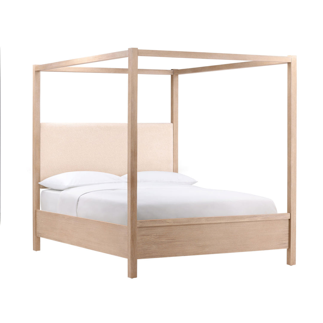 Emery Boucle and Pine Bed, Eastern King · Light Warm Wash, three-quarter studio view