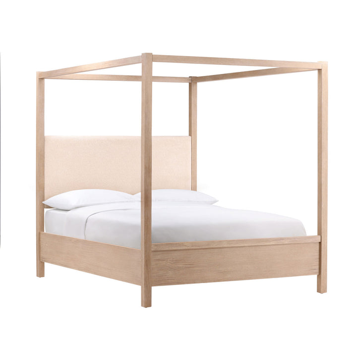 Emery Boucle and Pine Bed, Eastern King · Light Warm Wash, three-quarter studio view