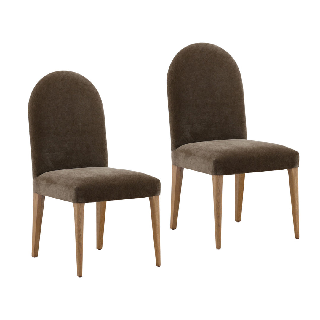 Thea Upholstered Oak Dining Chairs, Set of 2, Olive Velvet, three-quarter studio view