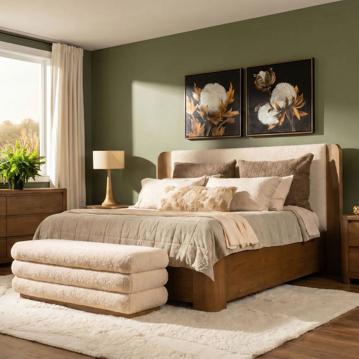 Chatham Cream Boucle and Oak Bed, Queen, lifestyle view