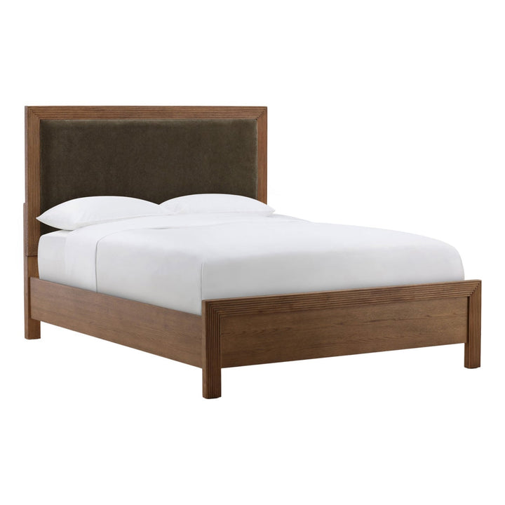 Toren Olive Velvet Bed, three-quarter studio view