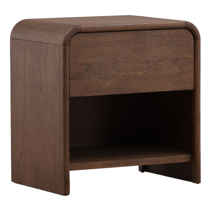 Amara Dark Oak Veneer Nightstand, three-quarter studio view