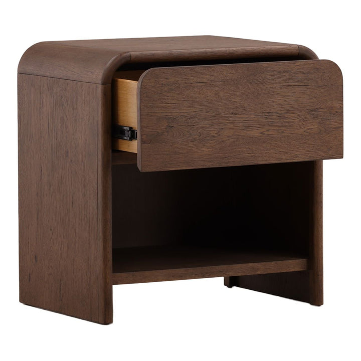 Amara Dark Oak Veneer Nightstand, open door view