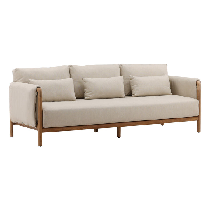 Milren Beige Teak Outdoor Sofa, three-quarter studio view