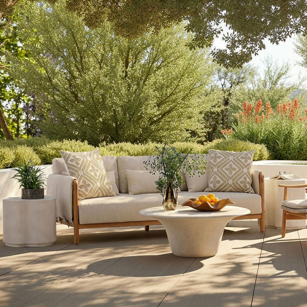 Milren Beige Teak Outdoor Sofa, lifestyle view