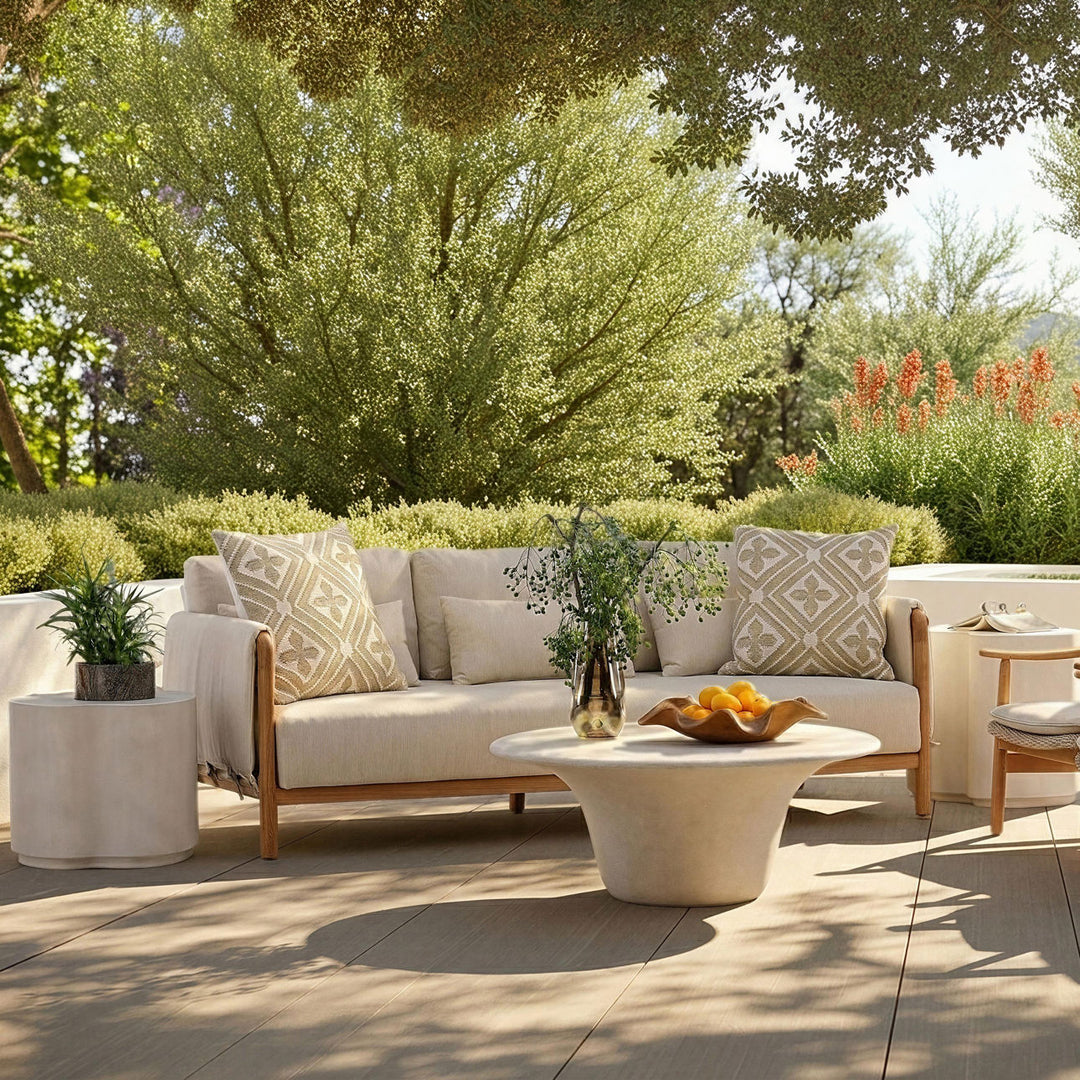 Milren Beige Teak Outdoor Sofa, lifestyle view