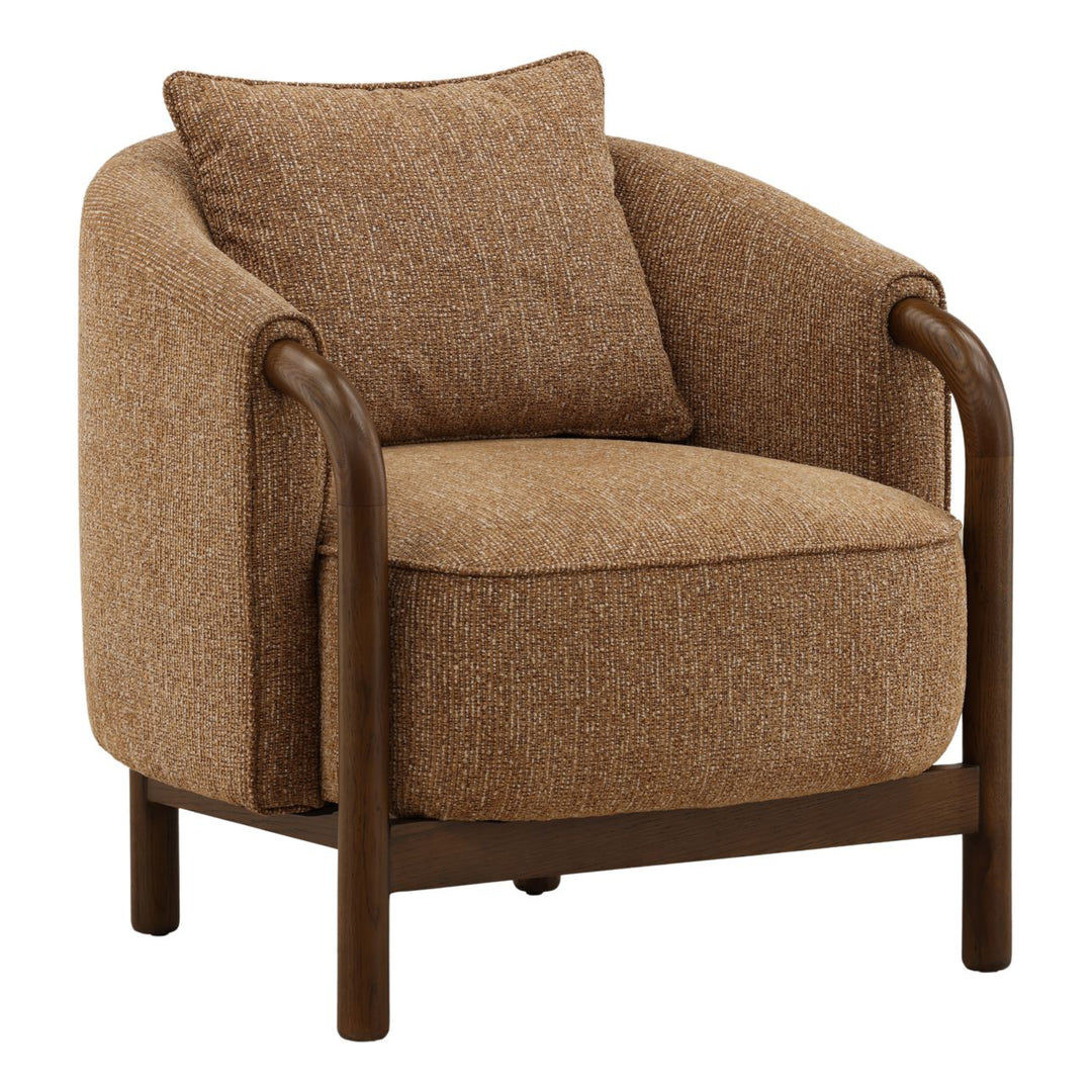 Rimell Brown Chenille Oak Veneer Lounge Chair, three-quarter studio view