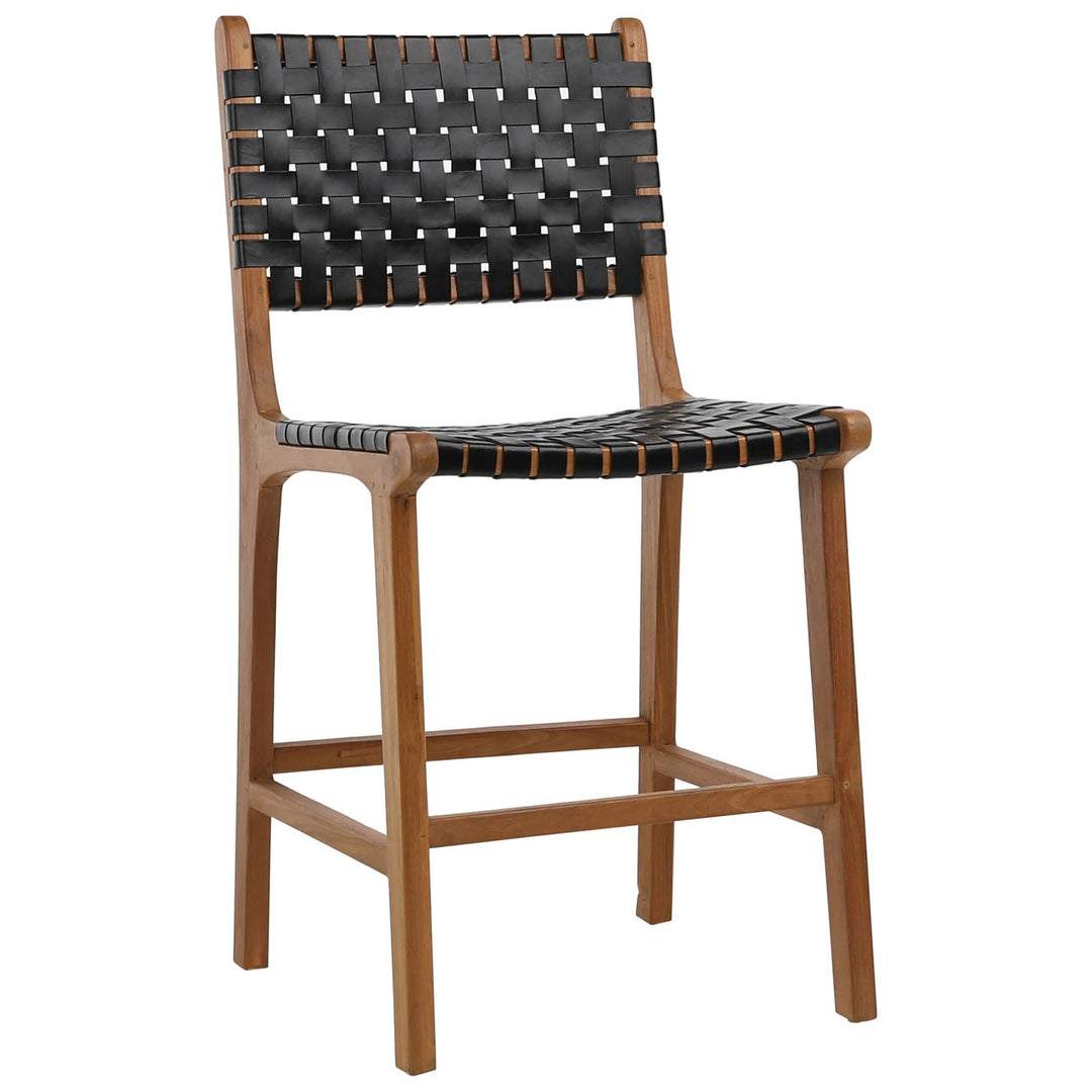 Dalren Leather Teak Counter Stool, Black Leather / Natural Frame, three-quarter studio view
