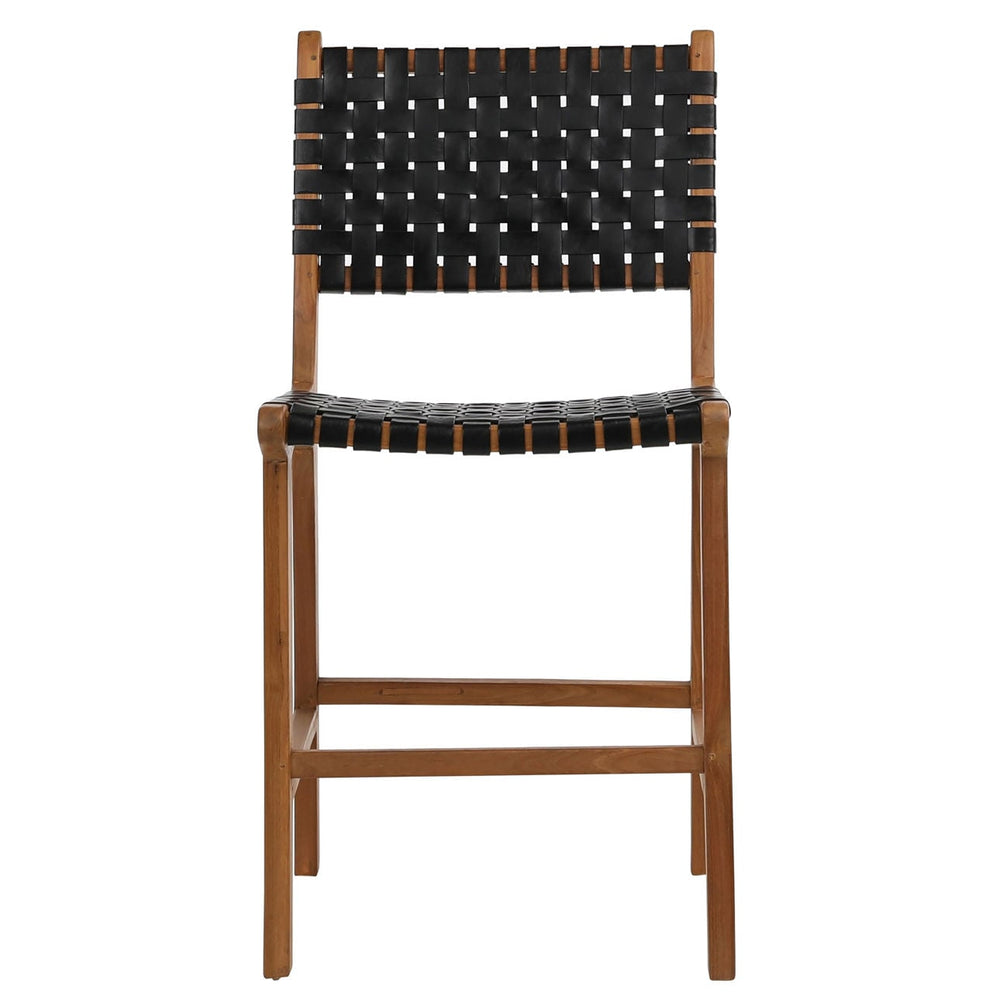 Dalren Leather Teak Counter Stool, Black Leather / Natural Frame, front view