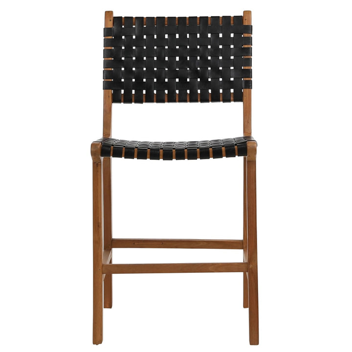 Dalren Leather Teak Counter Stool, Black Leather / Natural Frame, front view