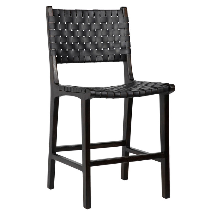 Dalren Leather Teak Counter Stool, Black Leather / Dark Brown Frame, three-quarter studio view