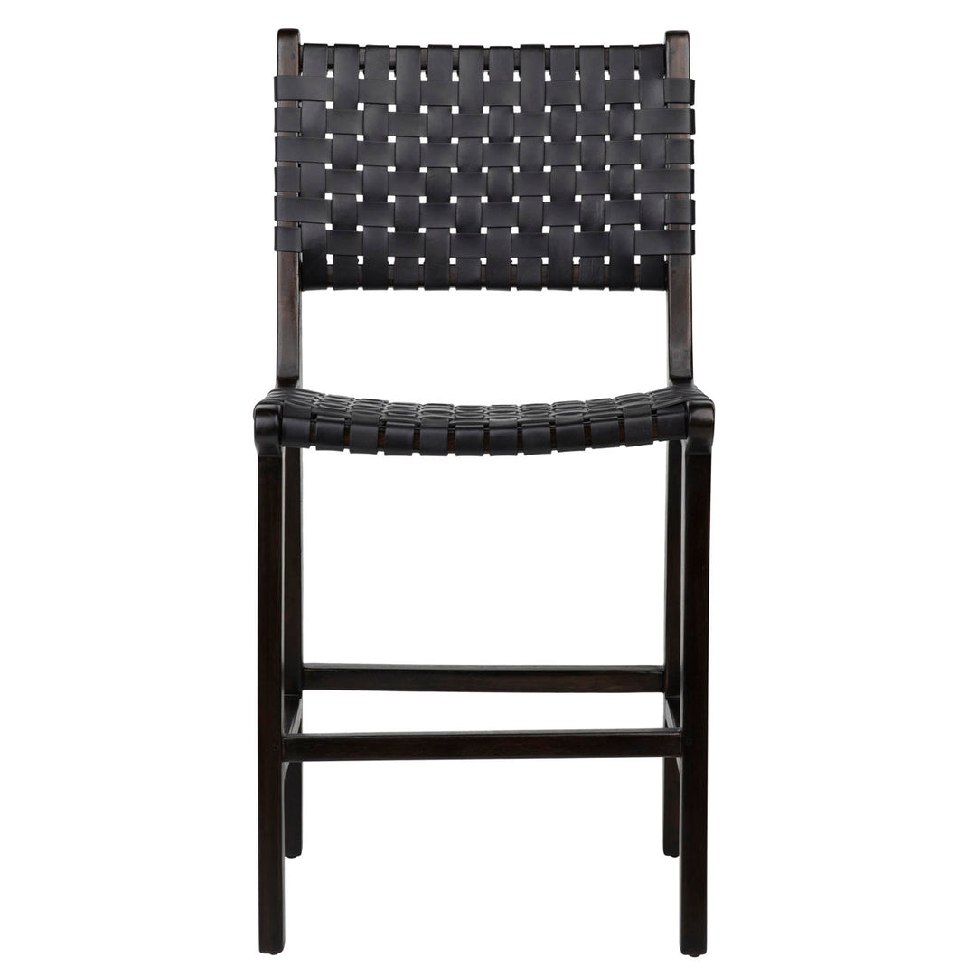 Dalren Leather Teak Counter Stool, Black Leather / Dark Brown Frame, front view