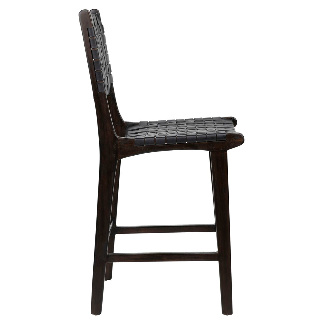 Dalren Leather Teak Counter Stool, Black Leather / Dark Brown Frame, profile view