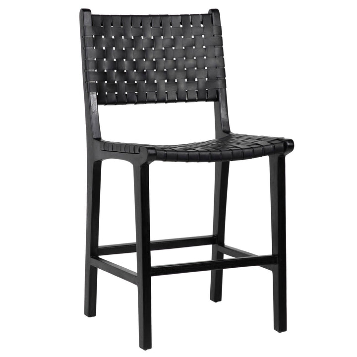 Dalren Leather Teak Counter Stool, Black Leather / Black Frame, three-quarter studio view