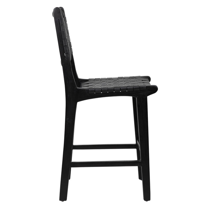 Dalren Leather Teak Counter Stool, Black Leather / Black Frame, profile view