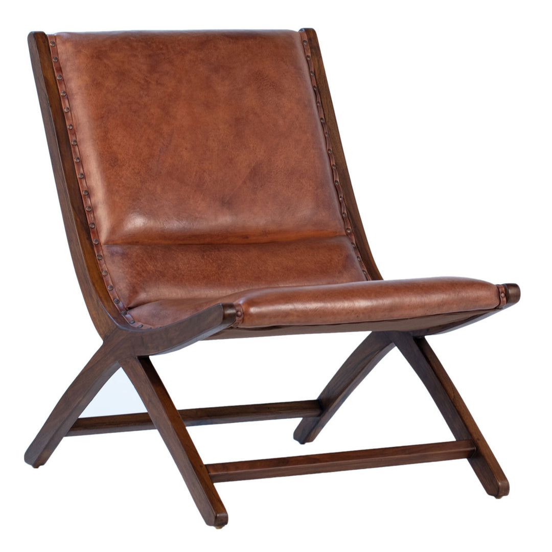 Gideon Leather and Teak Lounge Chair, three-quarter studio view
