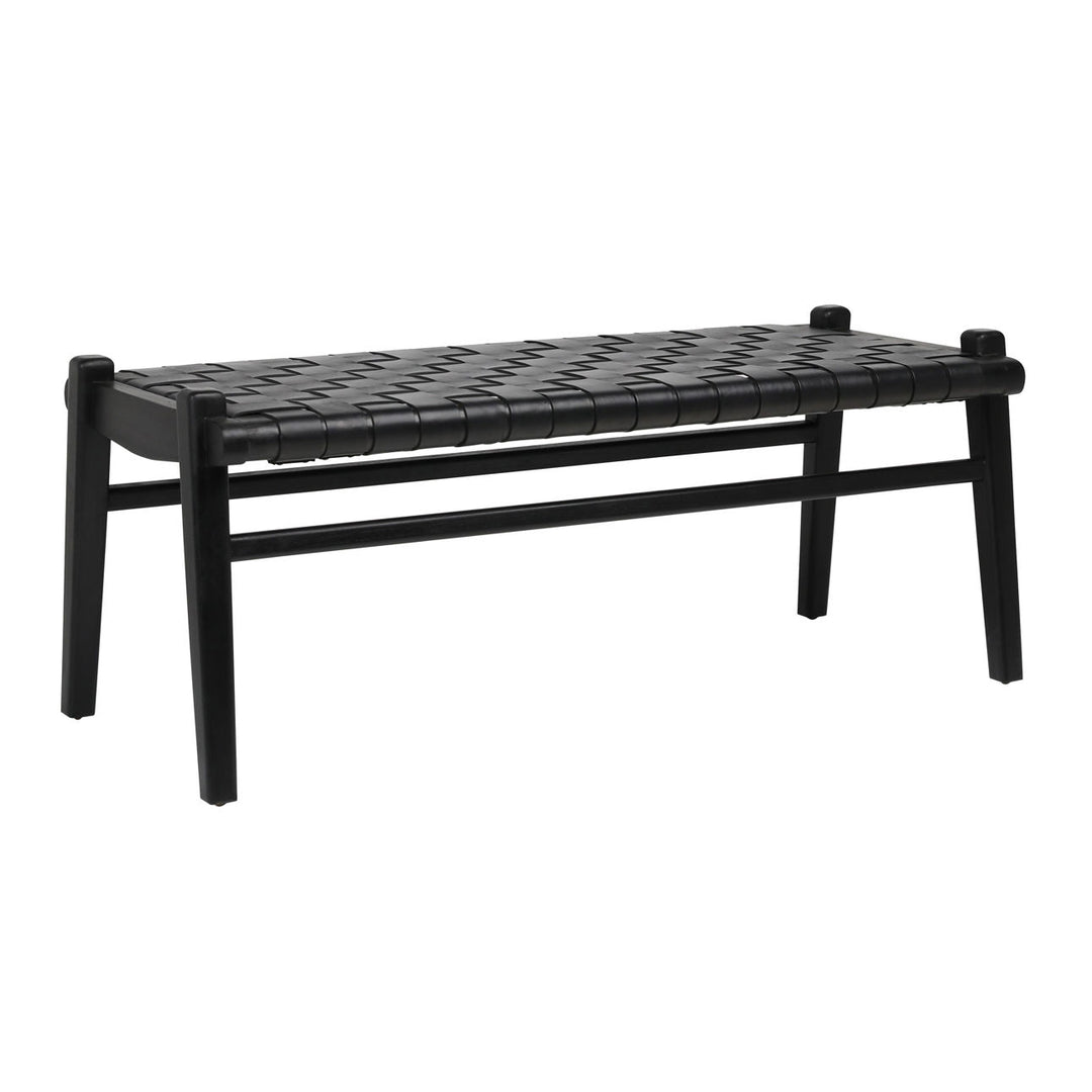 Salem Woven Leather Bench, three-quarter studio view