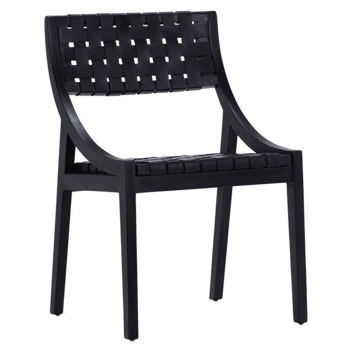 Cami Black Leather and Teak Dining Chair, three-quarter studio view