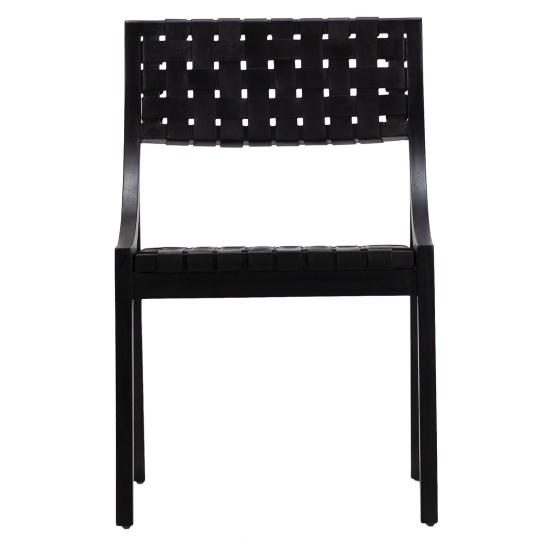 Cami Black Leather and Teak Dining Chair, front view