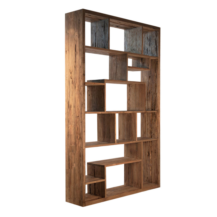 Marin Reclaimed Teak Bookcase, 55-inch · Medium Brown, back three quarter view