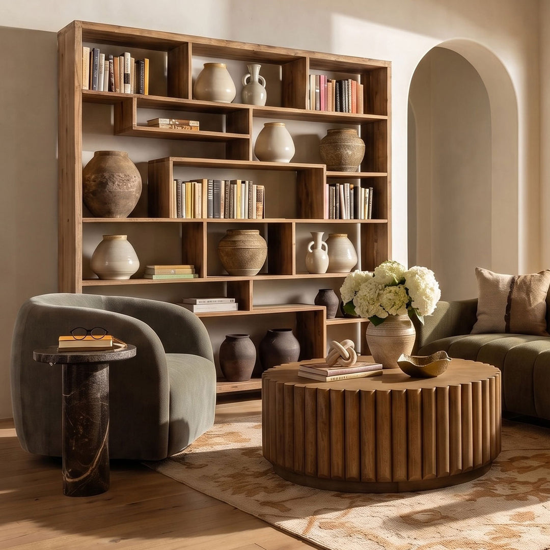 Marin Reclaimed Teak Bookcase, 87-inch · Natural, alternate lifestyle view 1