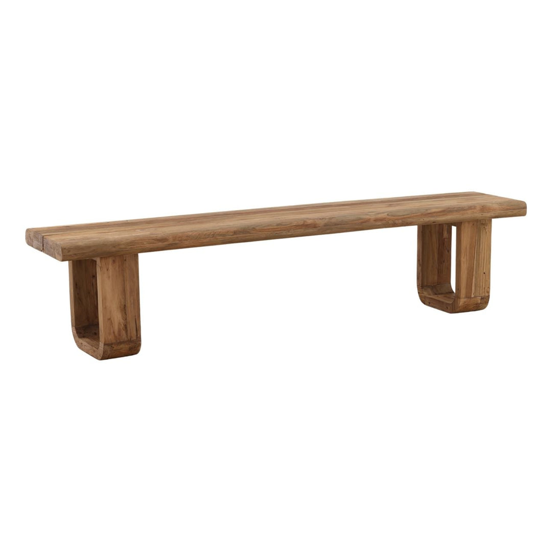 Dara Outdoor Teak Bench, three-quarter studio view