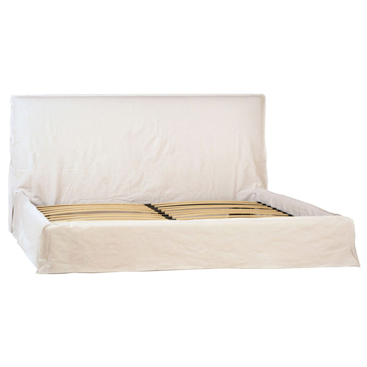 Wren Natural-White Linen Bed, Eastern King, three-quarter studio view