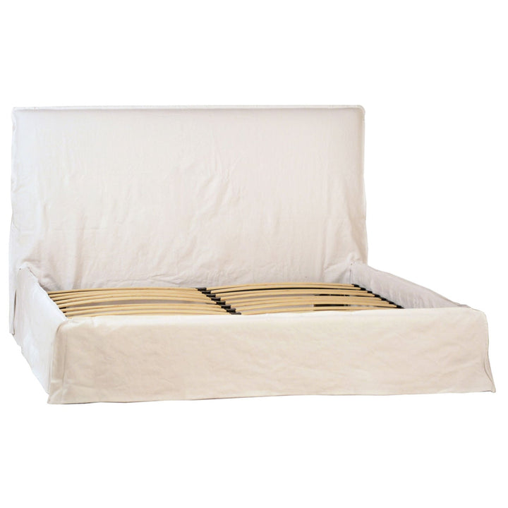 Wren Natural-White Linen Bed, Queen, three-quarter studio view