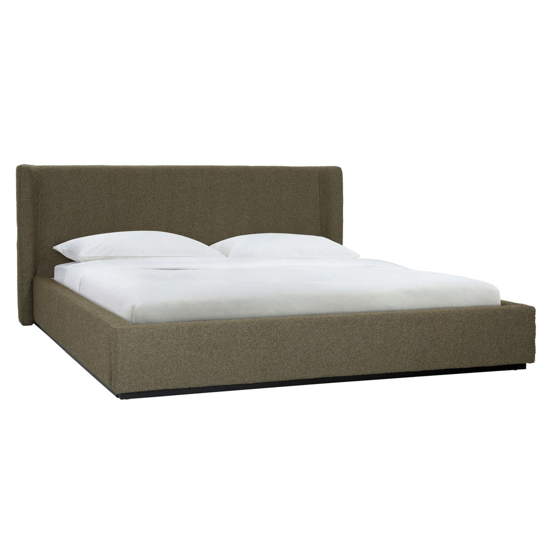 Tobin Boucle Bed, Eastern King · Olive Boucle, three-quarter studio view