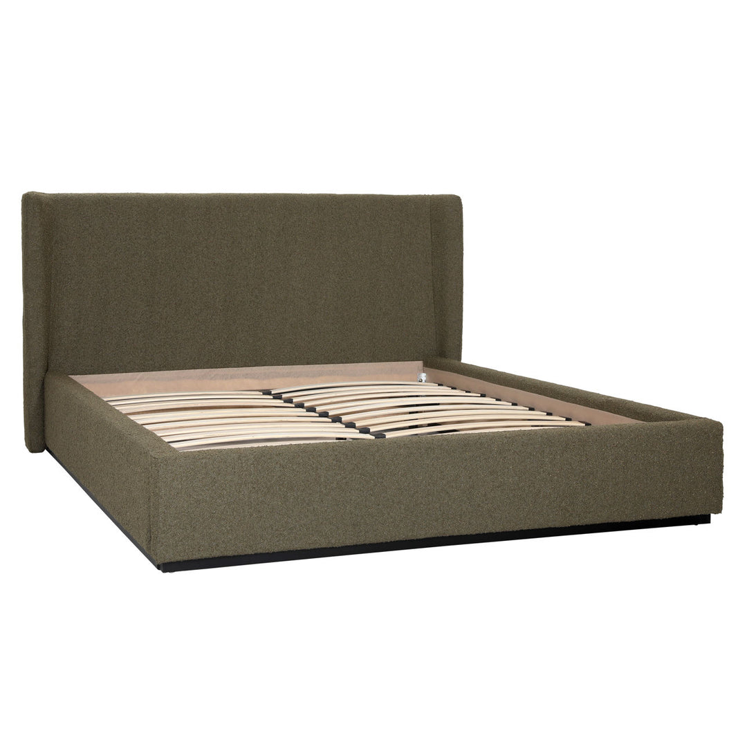 Tobin Boucle Bed, Queen · Olive Boucle, back three quarter view