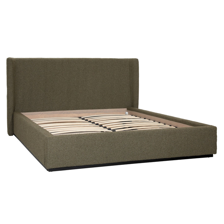 Tobin Boucle Bed, Queen · Olive Boucle, back three quarter view