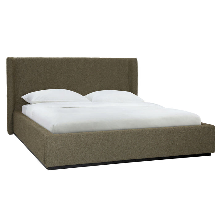 Tobin Boucle Bed, Queen · Olive Boucle, three-quarter studio view
