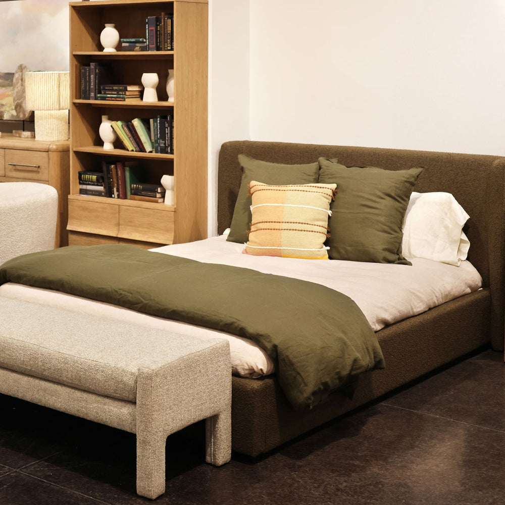 Tobin Boucle Bed, Queen · Olive Boucle, lifestyle view